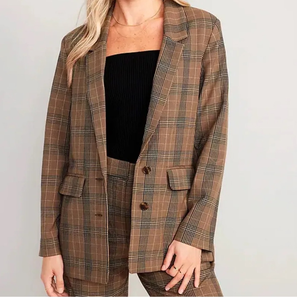Old Navy Brown Plaid Relaxed Suit Blazer with Notched Lapel